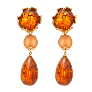 French vintage amber acrylic drop earrings with geometric resin beads and gold metal
