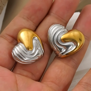 Heart Stud Earrings 304 Stainless Steel Two Tone Gold Plated Liquid Metal Wave Textured Jewelry Women Fashion Accessory