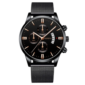 Men's fashion quartz watch with black mesh strap and three-eye calendar display dial