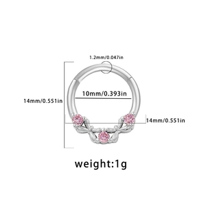 Detailed size chart for silver hoop ring featuring three pink gemstones with weight 1g