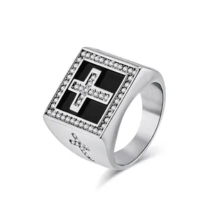 Men Square Signet Ring Stainless Steel Iced Out Zircon Cross Gothic Hip Hop Religious Retro Punk Finger Hand Jewelry