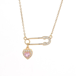 Pink heart crystal necklace with 18K gold-plated safety pin pendant and zircon accents
