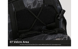 Detailed macro view of tactical bag with camo pattern, velcro area, and bungee cords