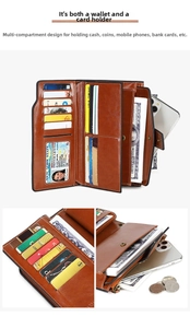 Dettaglio portafoglio RFID in pelle cerata con multi-slot per carte e tasca zip