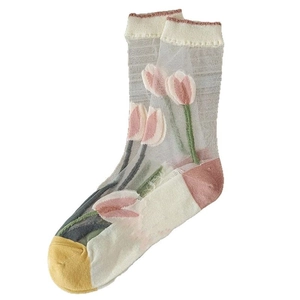 Chaussettes résille respirantes pour femme avec broderie tulipe rose et pointe en coton