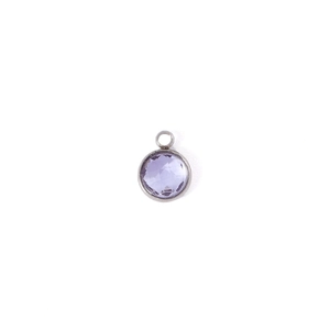 Detailed view of a 7mm round purple birthstone pendant with metal bezel and small loop ring