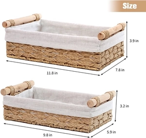 Detailed view showing sizes of two woven storage baskets with white fabric liners