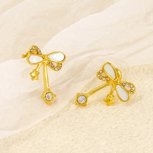 Elegant gold bow earrings with white shell inlay and sparkling crystals for women