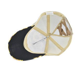 Detail of sunflower baseball cap interior showing sewing quality and material labels
