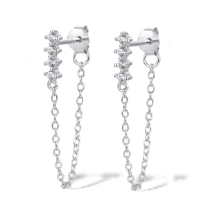 Macro view of S925 silver chain drop earrings with sparkling micro-pave zircons