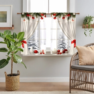 Detailed view of short kitchen curtains with festive 3D Christmas print and hanging tassels