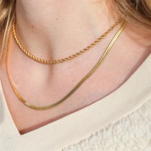 Double layered gold twisted rope and flat snake chain necklace set for women