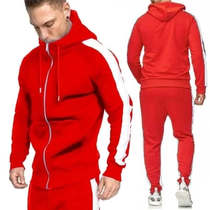 Men's red hooded tracksuit with white side stripes, including zip-up hoodie and joggers