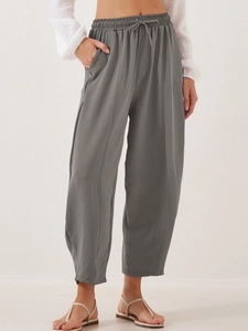 Pantalon large taille haute pour femme avec cordon de serrage et poches latérales, gris foncé