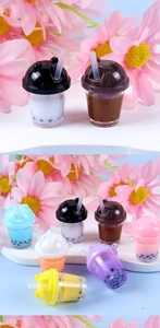 Colorful mini bubble tea cup charms with cat ear lids and tiny faux pearls detail