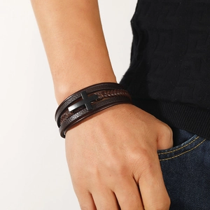 Men's dark brown multilayer braided leather bracelet with black cross and magnetic clasp