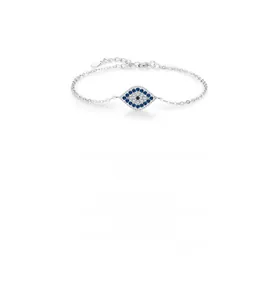 Detailed macro view of S925 sterling silver evil eye bracelet with blue zircon stones