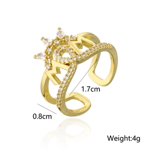 Detailed size view of MOM crown ring with zircon insets and 0.8cm width dimensions