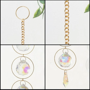 Detailed view of AB color suncatcher with golden chains and faceted crystal ball ornaments