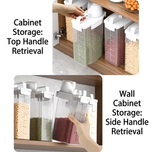 Transparent airtight grain storage container with handle and measuring cup in kitchen cabinets