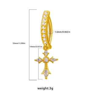 Detailed view of gold cross belly button ring with white zircon inlay and size specs