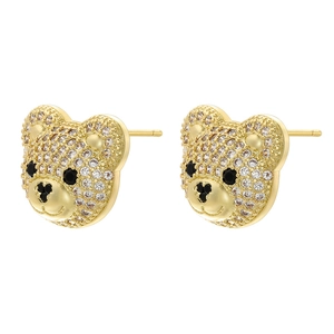 Hip hop style gold teddy bear stud earrings with sparkling white and black cubic zirconia stones
