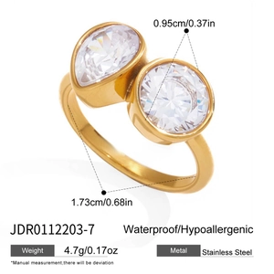 Gold stainless steel ring featuring double round zircons with waterproof property