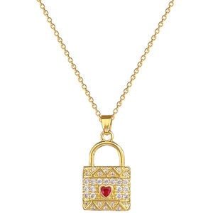 Luxury titanium steel heart lock necklace with red ruby and crystal diamonds for women