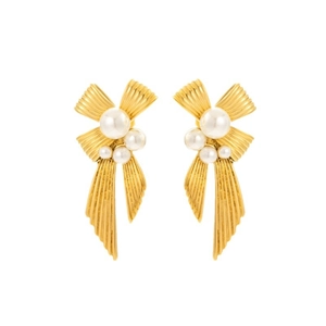 French vintage golden bow earrings with striped texture and white pearls on white background