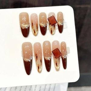 Handmade Brown Sugar Square Diamond Press On Nails Pink Brown Gradient Cat Eye Long Oval Fake Nails For Women