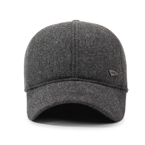 Men's winter dark grey thick wool baseball cap with ear protection and metal logo