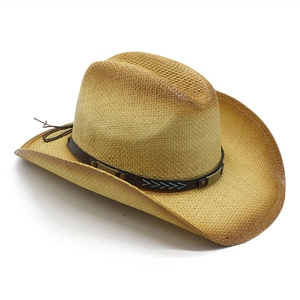 Classic Western straw cowboy hat with brown leather band and metallic studs decoration