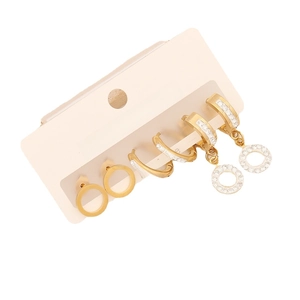 Three-piece gold stud earring set with rhinestones, hoop and drop designs on card