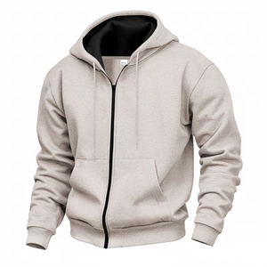Men's light grey thermal zip-up hoodie with black lining and adjustable drawstring