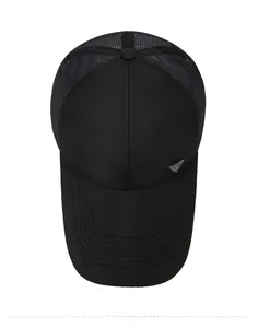 Top view of a black trucker hat featuring breathable mesh and silver triangular logo
