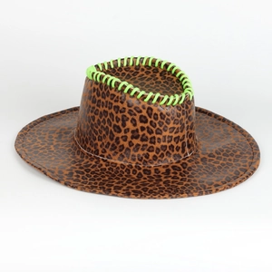 Close-up of leopard print cowboy hat with bright neon green braided trim detail