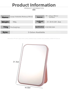Detail view of foldable pink desktop makeup mirror with 21.5x14.8x1.6cm dimensions