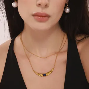 Crescent Moon Pendant Double Layer Necklace Lapis Lazuli Stainless Steel Bead Chain Faux Artificial Pearl Earrings Vintage Jewelry