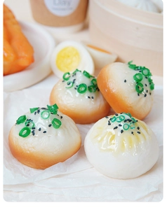 Macro detail of realistic PVC soup dumplings with green onion and sesame garnish