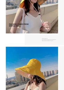 Detailed view of wide-brim yellow sun hat showing protective coverage and stylish design