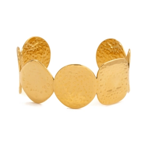 Bracciale rigido dorato martellato minimalista con dischi metallici ovali intrecciati