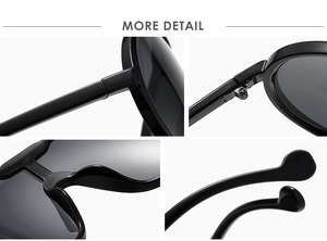 Detailed views of hinges, nose pads and temple tips on black trendy aviator sunglasses