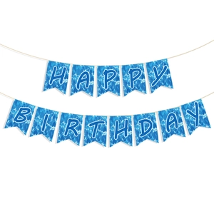 Blue ocean wave Happy Birthday banner with white lettering for party wall decoration