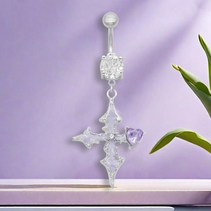 Piercing de nombril en argent avec pendentif croix, cœur en émail violet et zircon blanc