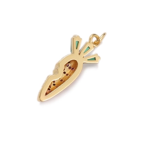Close-up of 18K gold plated carrot pendant with green enamel and red gemstones