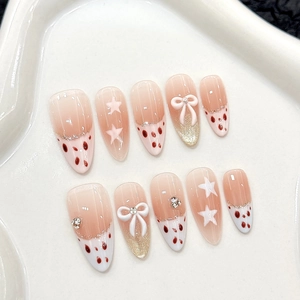 Handmade Press On Nails Long Almond French Cat Eye Pink Blush Gradient With 3D Bow Rhinestone Star Sweet Cool Girl