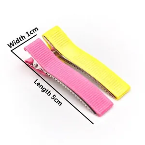 Pair of pink and yellow 5cm fabric covered metal alligator hair clips for DIY styling