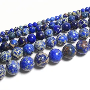 Imperial stone beads with blue marble texture in various sizes for DIY jewelry making