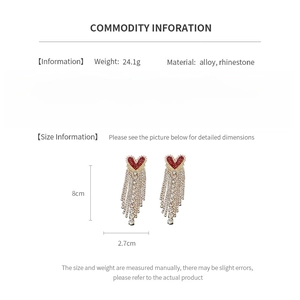 Detailed size chart showing 8cm long tassel heart earrings with rhinestone inlay