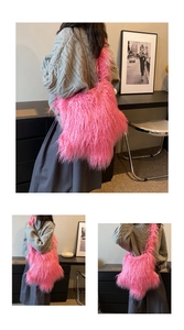 Detail of pink faux fur shoulder bag showing soft texture and crossbody style on model